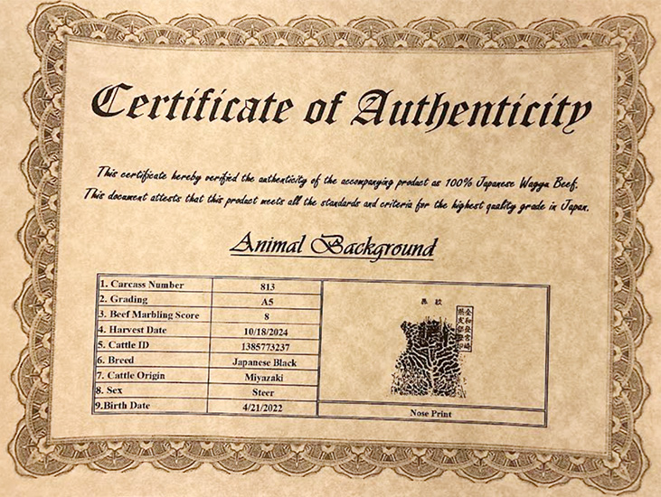 An official Certificate of Authenticity for 100% Japanese Wagyu Beef, detailing the carcass number, breed, slaughter date, and quality grading metrics, alongside an official individual nose print stamp.