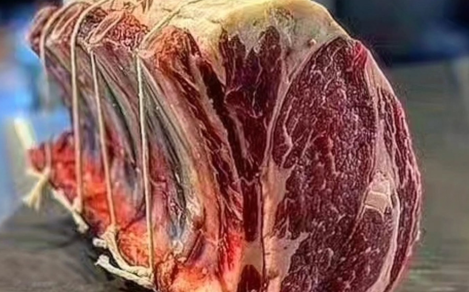 A close-up view of a raw USDA Prime bone-in prime rib roast, showcasing rich red meat, extensive marbling, and butcher's twine.